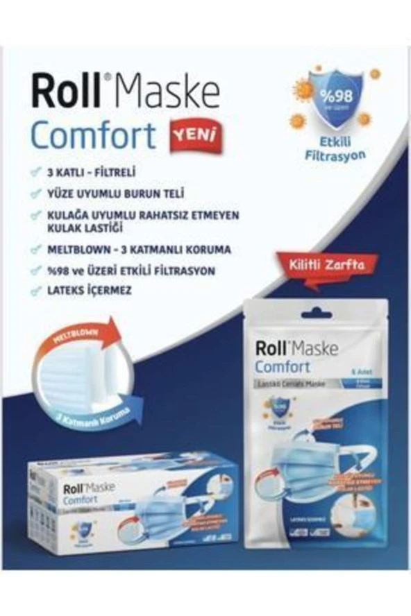 Roll Comfort 3 Katlı Meltblown Cerrahi Maske Telli 100lü Paket