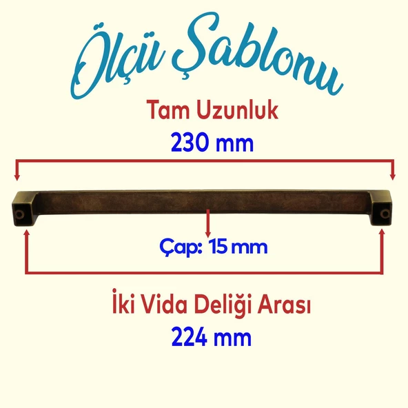 Düz Eskitme Antik Sarı Bihter Metal 224 mm Mobilya Mutfak Çekmece Dolap Dolabı Kulpu Kulbu Kulpları - Resim 2