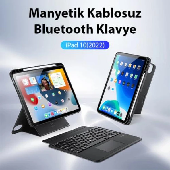 Polham 3in1 Apple iPad 10 (2022) İle Uyumlu Touchpadli Kablosuz Bluetooth Klavyeli Kılıf, Standlı ve Ful Korumalı Kılıf