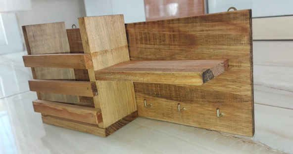 Ahşap Raf Anahtarlık, Anahtar Asma Bölümlü Duvara Montaj - 2