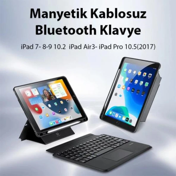 Polham 3in1  iPad Air3  İle Uyumlu Touchpadli Kablosuz Bluetooth Klavyeli Kılıf, Standlı ve Ful Korumalı Kılıf