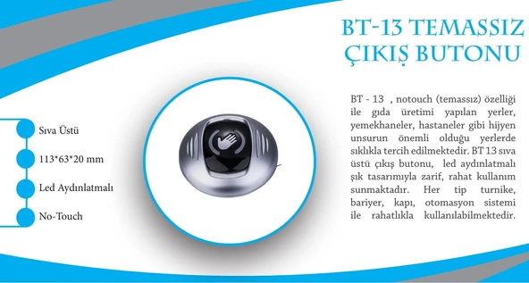 BT13 Temassız No Touch Kapı Buton Sıva Üstü Işıklı Temassız Çıkış Butonu Plastik Kasa - Resim 2