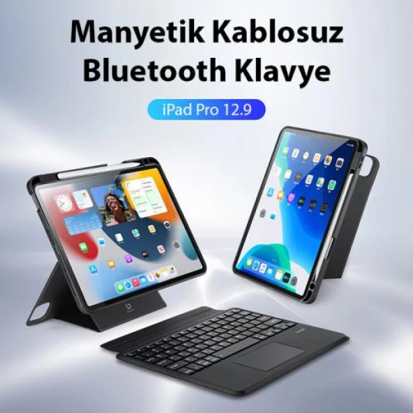 Polham 3in1 Apple iPad Pro 12.9 İle Uyumlu Touchpadli Kablosuz Bluetooth Klavyeli Kılıf