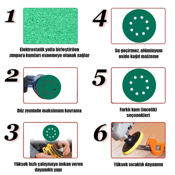 Delikli 125 mm Yeşil Cırt Zımpara Taşlama 180 Kum Kaporta Boya Duvar Metal Cila Parlatma 5 Adet - Resim 6
