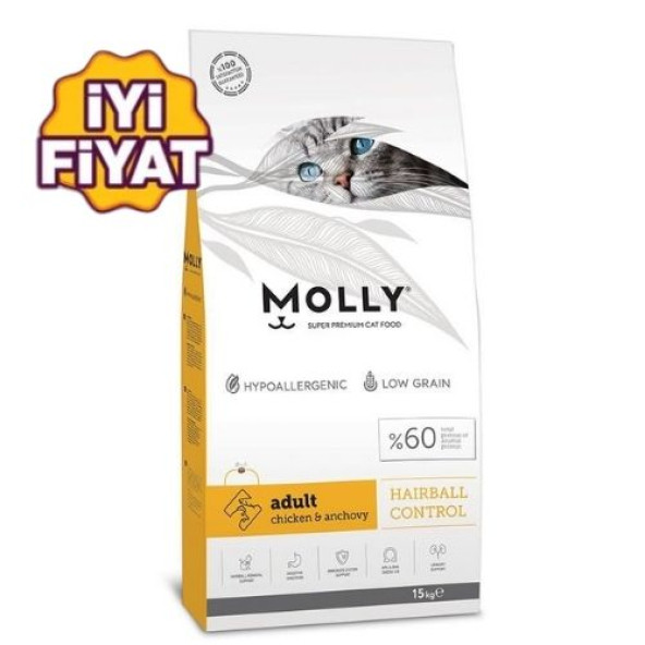 Molly Hairball Düşük Tahıllı Tavuklu Yetişkin Kedi Maması 15kg