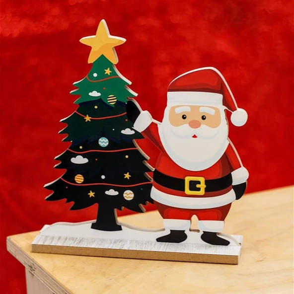 Yılbaşı Yeniyıl Dekorasyonu Ahşap Çam Ağacı ve Ahşap Noel Baba Biblo Yılbaşı Christmas Temalı Biblo