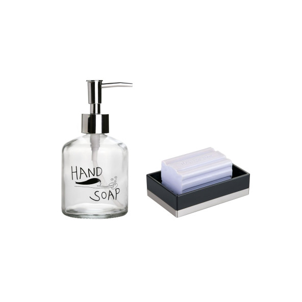 BANYO SETİ,EL SABUNU YAZILI CAM SIVI SABUNLUK VE AKRİLİK SİYAH SABUNLUK