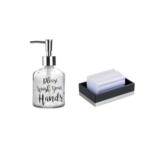 BANYO SETİ,YAZILI CAM SIVI SABUNLUK VE AKRİLİK SİYAH SABUNLUK