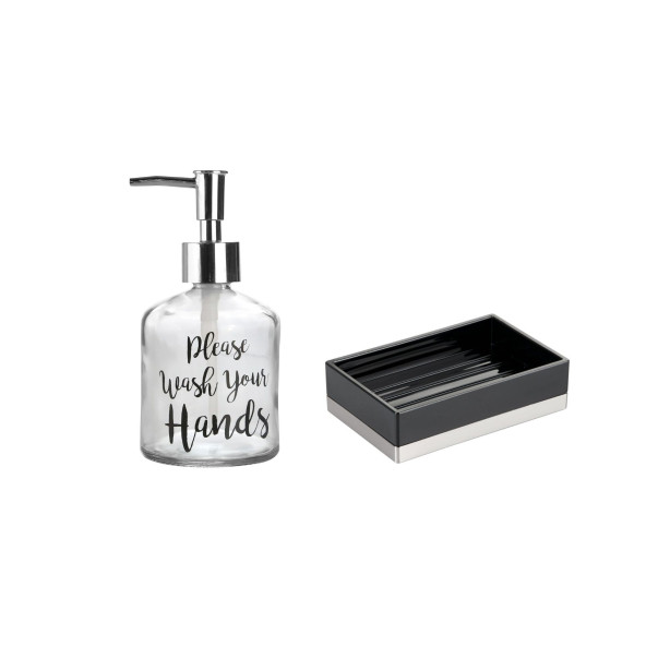 BANYO SETİ,YAZILI CAM SIVI SABUNLUK VE AKRİLİK SİYAH SABUNLUK - 2