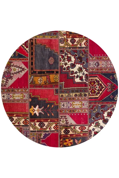Patchwork Desenli Yıkanabilir Pamuk Taban Dijital Baskılı Yuvarlak Halı  KIRMIZI 160X160