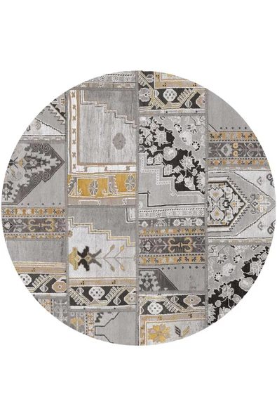 Patchwork Desenli Yıkanabilir Pamuk Taban Dijital Baskılı Yuvarlak Halı  GRİ 120X120