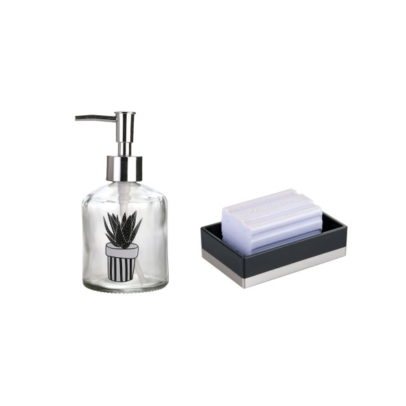 BANYO SETİ,BİTKİ DESENLİ CAM SIVI SABUNLUK VE AKRİLİK SİYAH SABUNLUK - 2