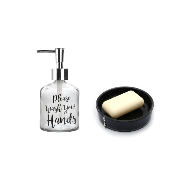 BANYO SETİ,YAZILI CAM SIVI SABUNLUK VE AKRİLİK SİYAH TAŞLI SABUNLUK