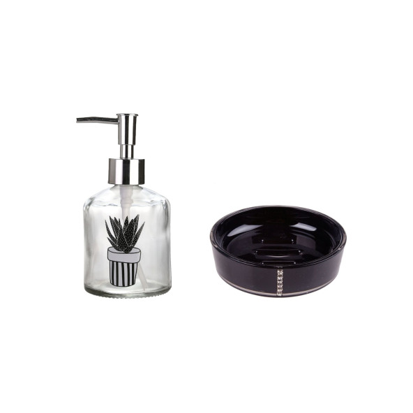 BANYO SETİ,BİTKİ DESENLİ CAM SIVI SABUNLUK VE AKRİLİK SİYAH TAŞLI SABUNLUK - 3