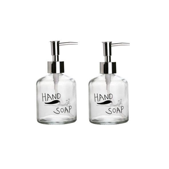 BANYO SETİ CAM SIVI SABUNLUK 2 ADET,EL SABUNU YAZILI 300ML 7,6X15,5CM