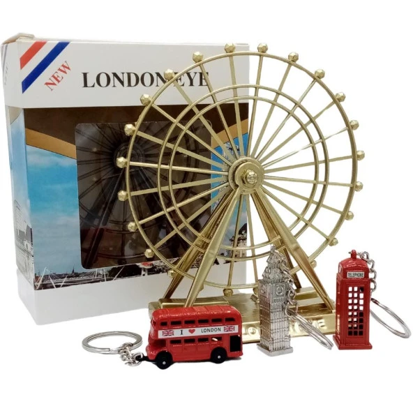 İngiltere Londra Dönme Dolap Otobüs Telefon Kulübesi ve Big Ben Anahtarlık Dörtlü Paket - Resim 2