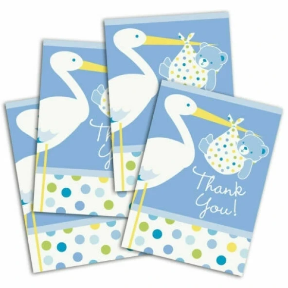 Mavi Renk Baby Stork Baby Shower Teşekkür Zarfı ve Not Seti 8 Adet (1243)