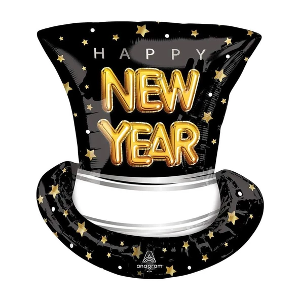 Yılbaşı Yeniyıl Dekorasyonu Helyuma Uyumlu Happy New Year Şapka Folyo Balon