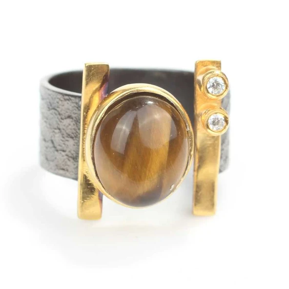 925 Ayar Gümüş Oval Kaplangözü Taşlı Yüzük - Resim 3