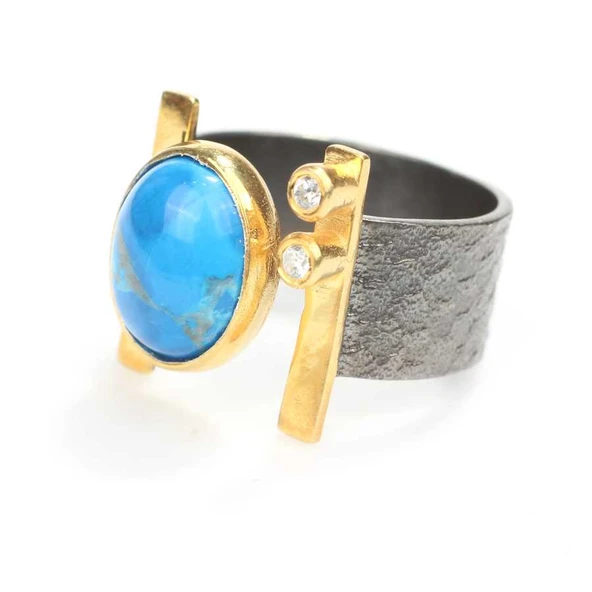 925 Ayar Gümüş Oval Firuze Taşlı Yüzük - Resim 3