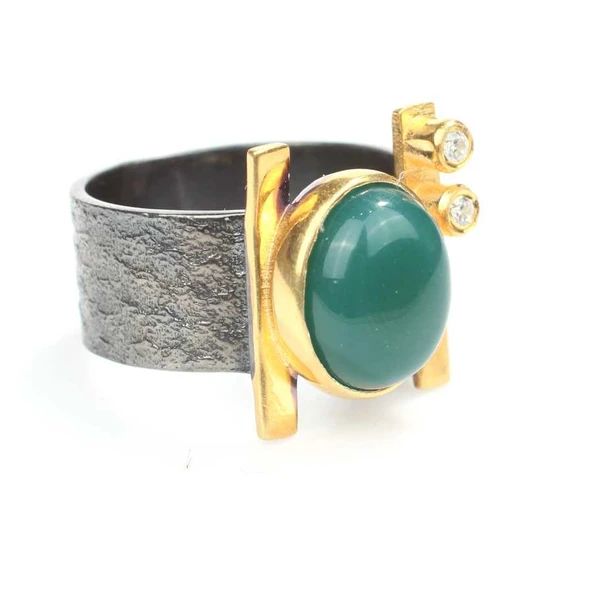 925 Ayar Gümüş Oval Yeşil Akik Taşlı Yüzük ürün görseli