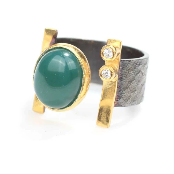 925 Ayar Gümüş Oval Yeşil Akik Taşlı Yüzük - Resim 4