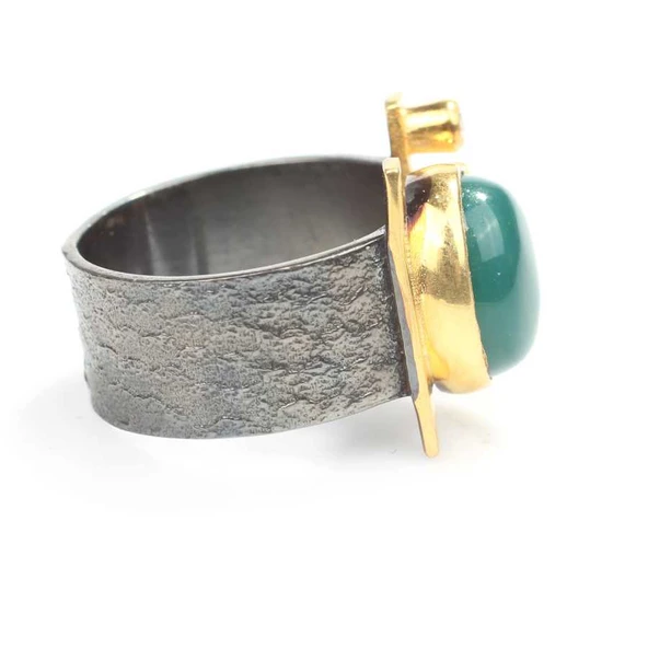 925 Ayar Gümüş Oval Yeşil Akik Taşlı Yüzük - Resim 2