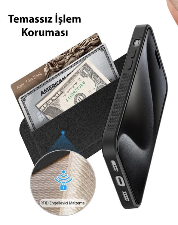 Polham 3in1 iPhone 14 Pro İle Uyumlu Deri Kılıf, Kartlık ve Stant, Kamera Korumalı Cüzdanlı Kılıf - 2