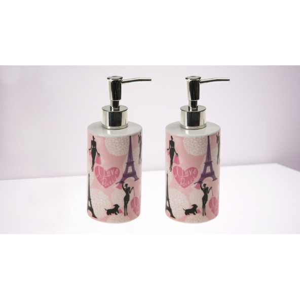 BANYO SETİ SERAMİK SIVI SABUNLUK 2 ADET KIZLI PARİS DESENLİ 7X7X18CM 320ML - 2