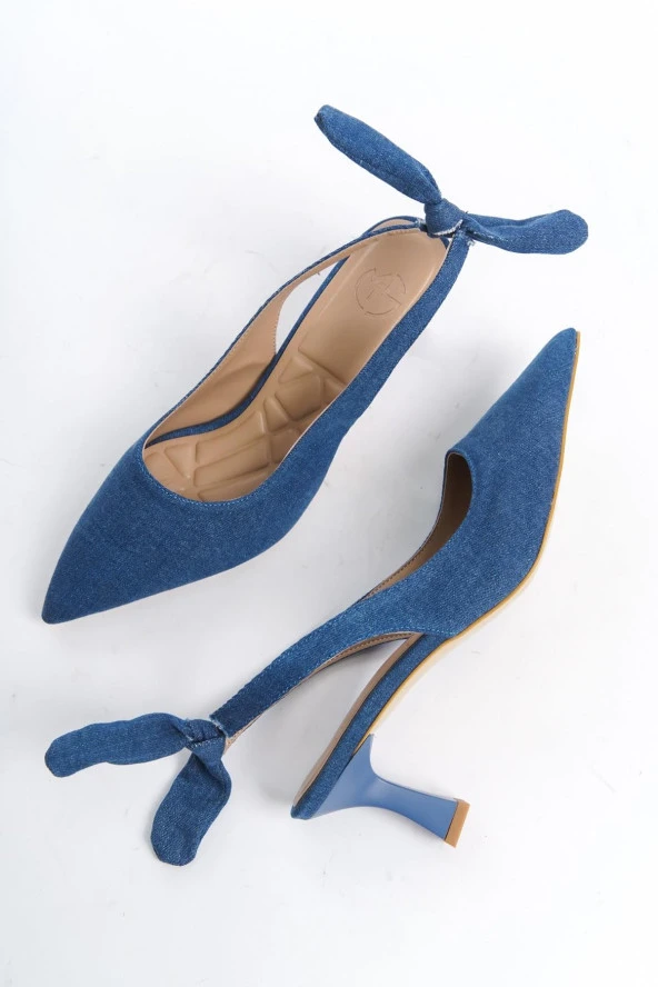 Modabuymus MiniPony Mavi Kot Arkası Açık Stiletto Fiyonklu Ayakkabı