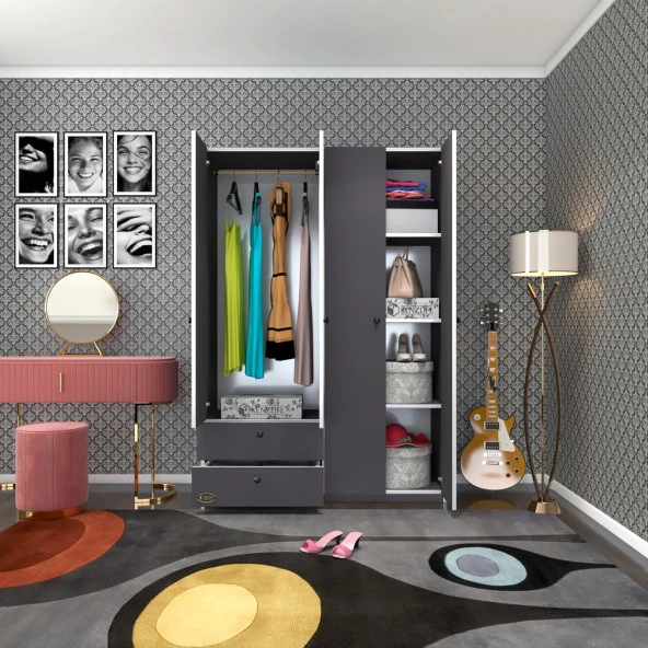 Kenzlife gardırop 4 kapılı kapaklı 2 çekmeceli hüsnüyusuf gri 173*120*42 gardolap dolap ofis ürün görseli 1