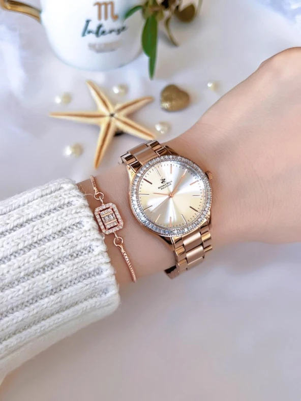 BHP.R2 Sedef Kadran Çelik Kasa&Kordon Kararma Renk Atma Yapmaz Zirkon Taşlı Kadın Kol Saati+Bileklik - Resim 2