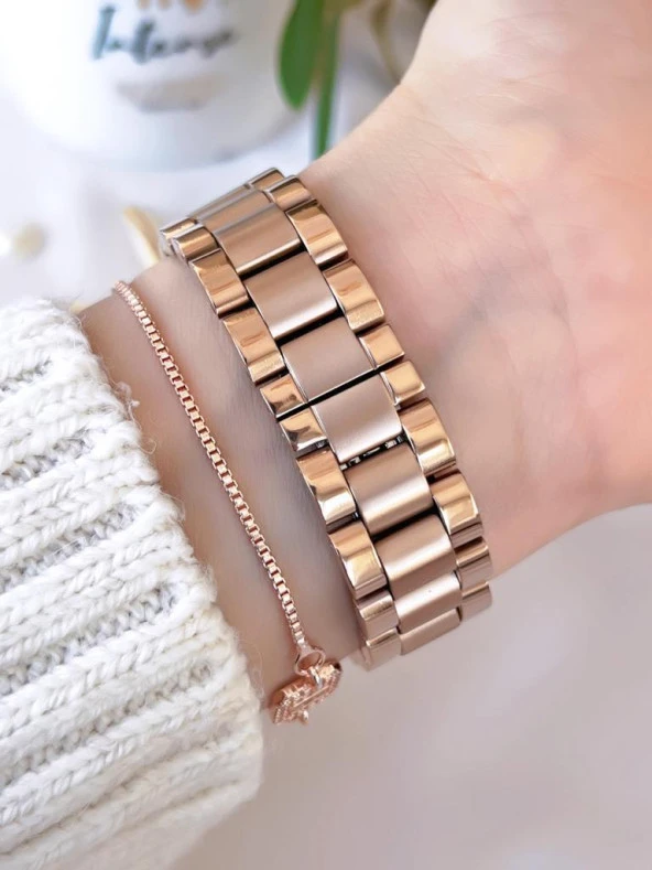 BHP.R2 Sedef Kadran Çelik Kasa&Kordon Kararma Renk Atma Yapmaz Zirkon Taşlı Kadın Kol Saati+Bileklik - Resim 3