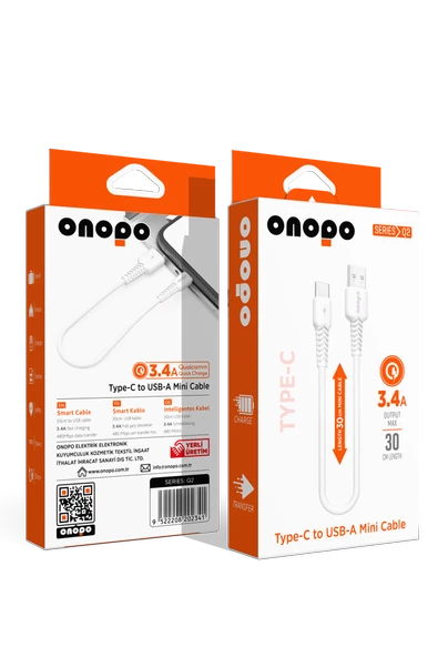 onopo Android Xiaomi Ve Samsung Uyumlu Type-C To USB Mini Kablo 3.4A Hızlı Şarj ve Data Kablosu 30cm- Q2