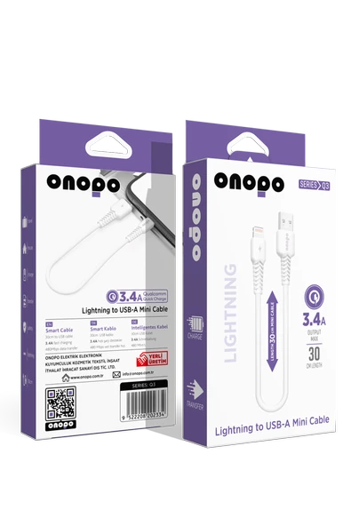 onopo Lightning To USB Mini Kablo 3.4A Hızlı Şarj ve Data Kablosu 30CM - Q3