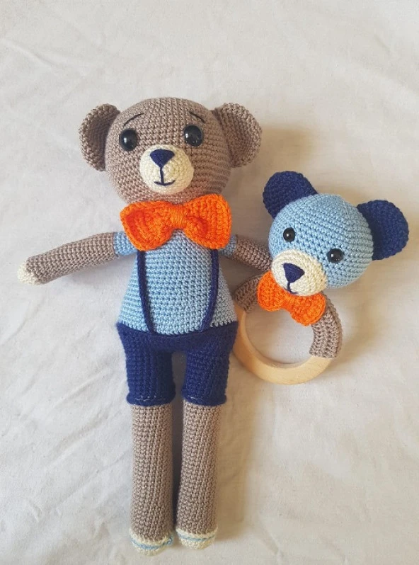 Papyonlu Ayıcık Uyku Arkadaşı Çıngırak Amigurumi Organik Oyuncak - 1
