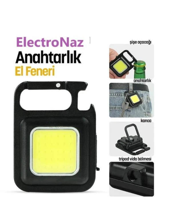 ElectroNaz Led Anahtarlıklı El Feneri Şişe Açacağı Usb’li Şarj Edilebilir Cob Led Çok Amaçlı