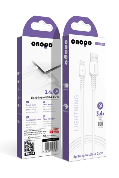 onopo İphone Apple Uyumlu  Lightning To USB Kablo 3.4A Uyumlu Hızlı Şarj ve Data Kablosu 1M - Q8