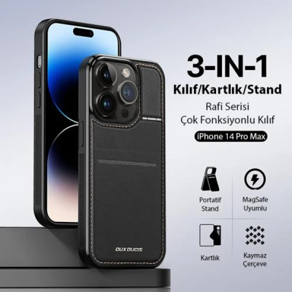 Coofbe Premium Deri 3in1 Magsafe iPhone 14 Pro Max Kılıf Kartlık Telefon Standı Cüzdanlı Kılıf