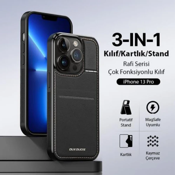 Coofbe Premium Deri 3in1 Magsafe Uyumlu iPhone 13 Pro Kılıf Kartlık Telefon Standı Cüzdanlı Kılıf