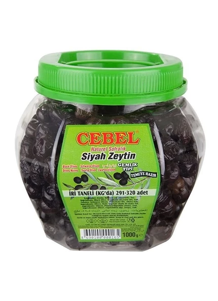 Cebel Siyah Zeytin İri Taneli 291-320 Pet 1000 Gr