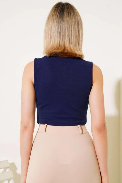 Düğmeli Kruvaze Yelek Lacivert - Resim 3