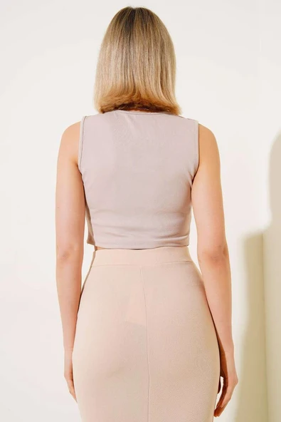 Düğmeli Kruvaze Yelek Bej - Resim 3