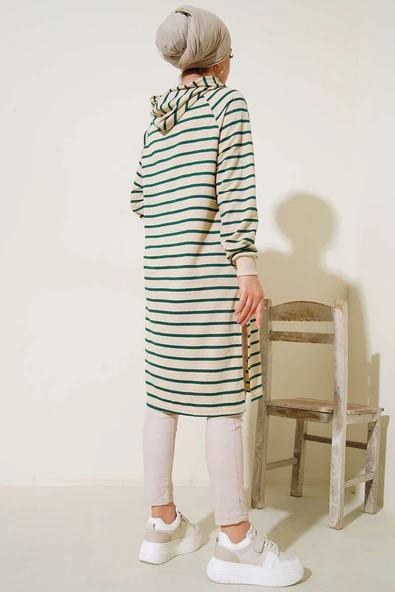 Kapüşonlu Çizgili Uzun Tunik Zümrüt Yeşil - Resim 3
