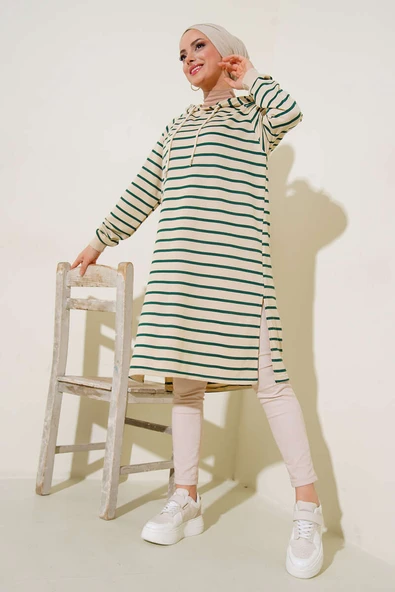 Kapüşonlu Çizgili Uzun Tunik Zümrüt Yeşil ürün görseli 1