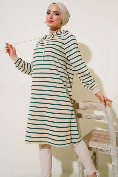 Kapüşonlu Çizgili Uzun Tunik Zümrüt Yeşil - Resim 2