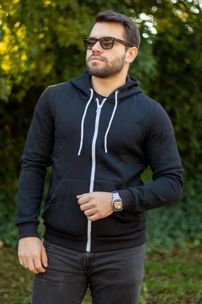 Erkek Siyah Slim Fit Örgü 3 Üç İplik Fermuarlı Polar Hırka Ceket 24ECKTUCCT - 9
