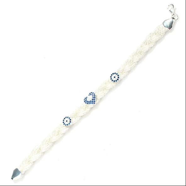 925 Ayar Gümüş 2li Balık Sırtı Elişi Saç Örgüsü Nazar ve Kalp Bileklik - Resim 3