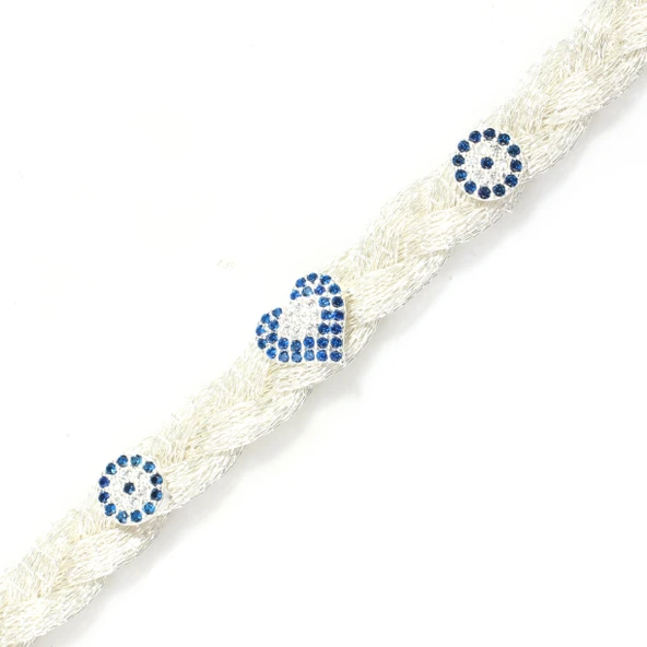 925 Ayar Gümüş 2li Balık Sırtı Elişi Saç Örgüsü Nazar ve Kalp Bileklik - Resim 2