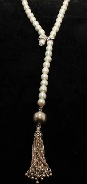 925 Ayar Gümüş Püsküllü İnci Kolye, Beyaz ürün görseli